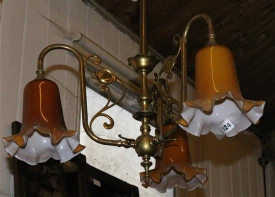 Art Nouveau 3 branch ceiling light with amber glass shades(-)